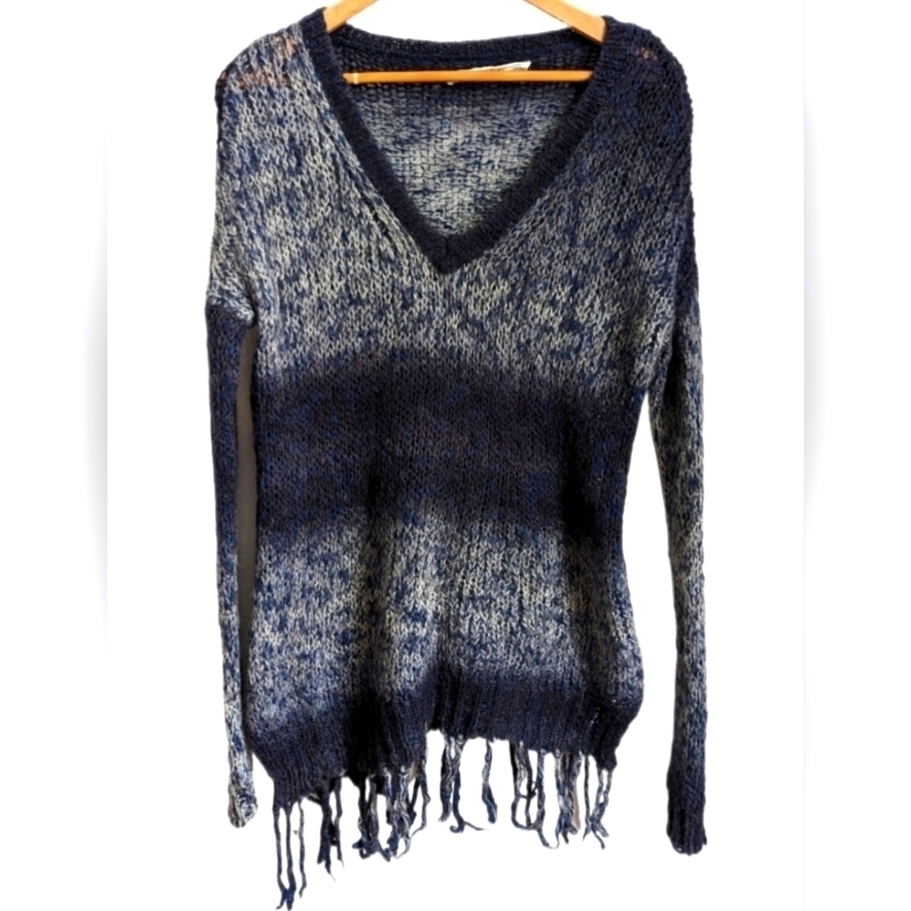 SPENCER & GRAHAM Blue & Grey Ombre Loose Knit Fringe Alpaca Sweater Size Medium